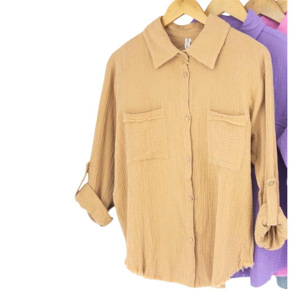 Zenana Light Brown Tan Women's Button-Up Gauze Shirt